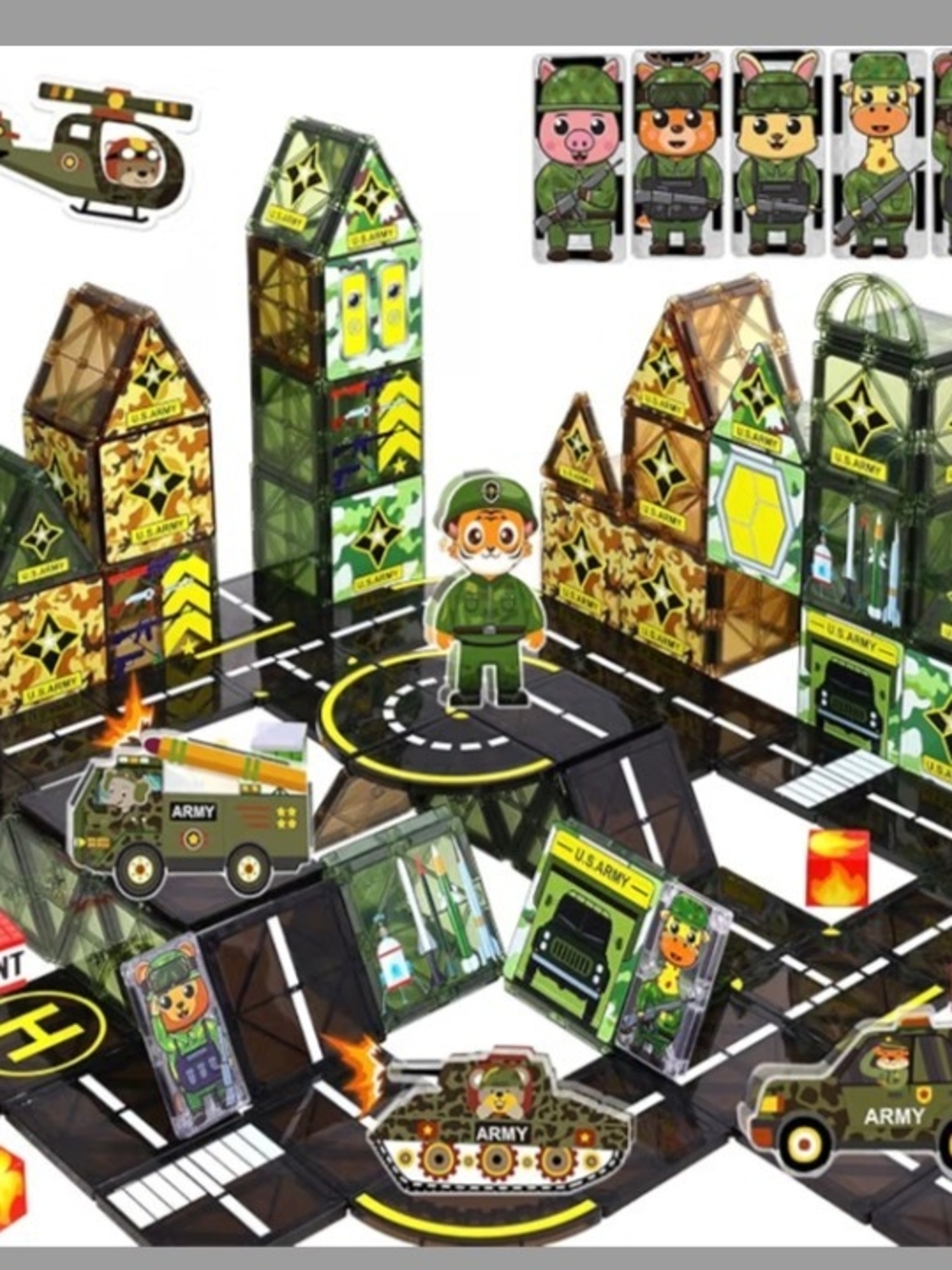 NWT 63 Pcs Military Magnetic Tiles Building Blocks Playset - Green Army Toy Set